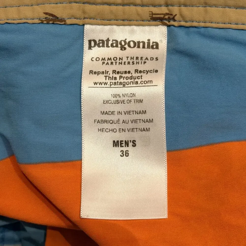 PATAGONIA Wavefarer Board Shorts Men 36 Orange Blue Striped Swim Trunks EUC